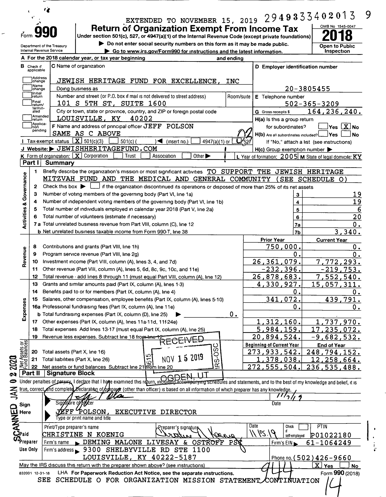Image of first page of 2018 Form 990 for Jewish Heritage Fund (JHFE)