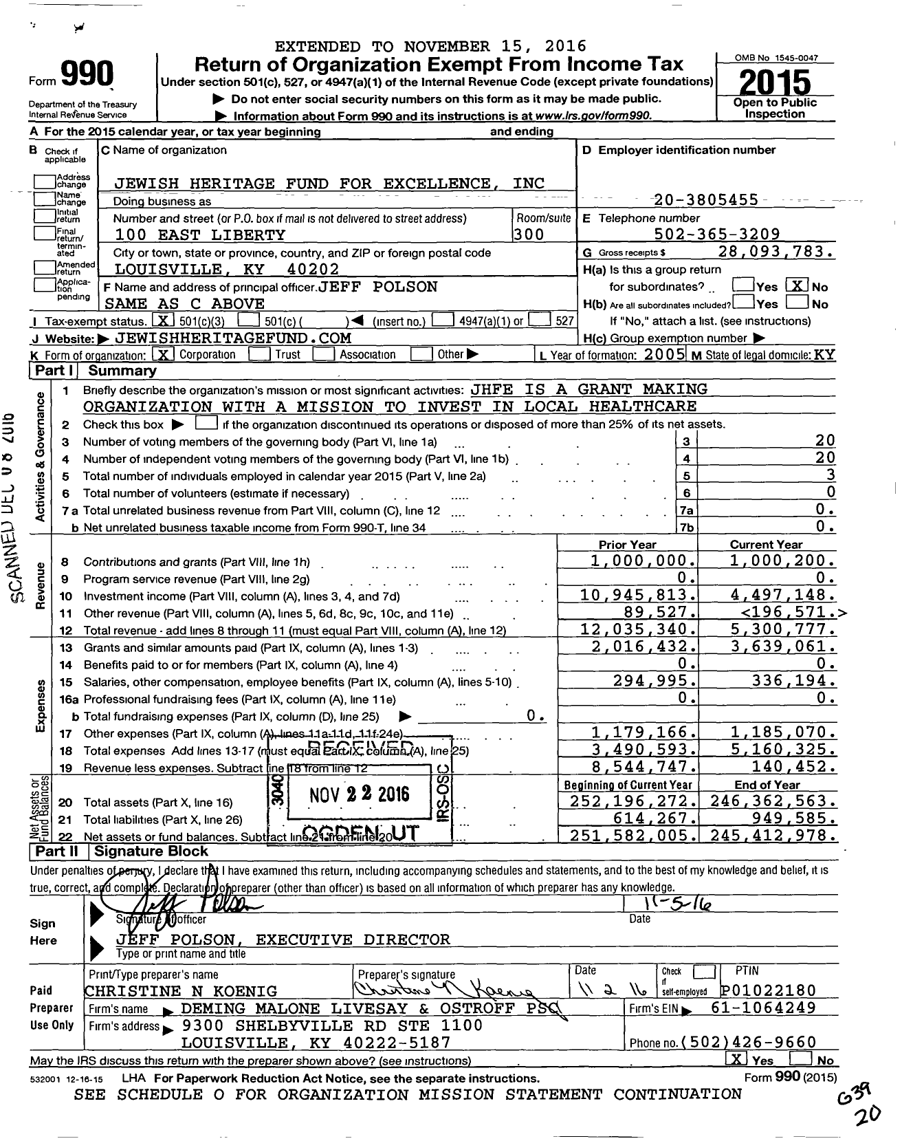 Image of first page of 2015 Form 990 for Jewish Heritage Fund (JHFE)