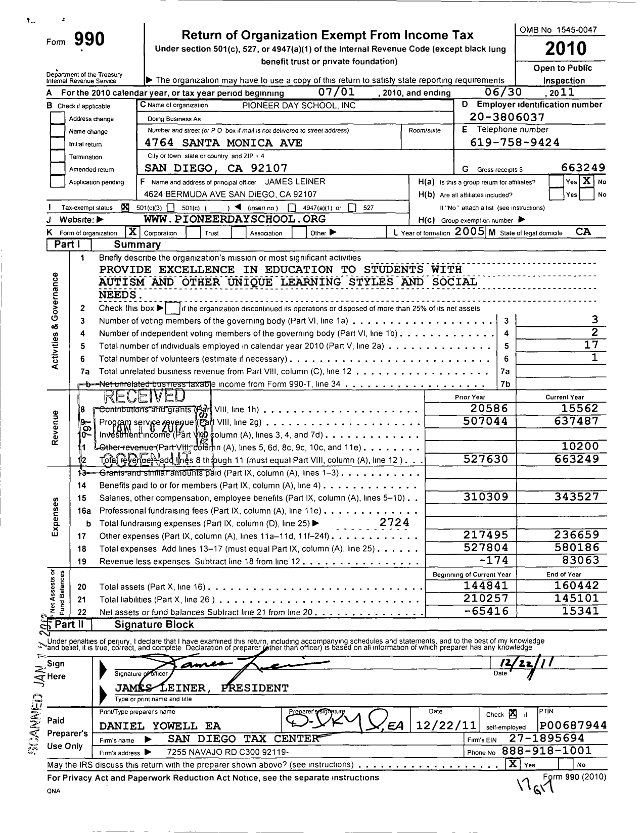 Image of first page of 2010 Form 990 for The Pioneer Foundation of San Diego