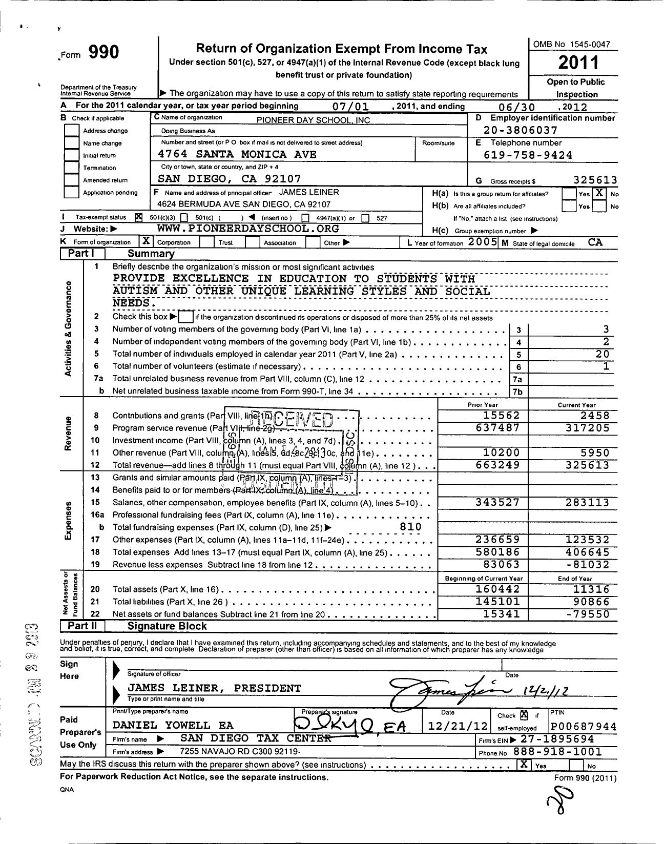 Image of first page of 2011 Form 990 for The Pioneer Foundation of San Diego