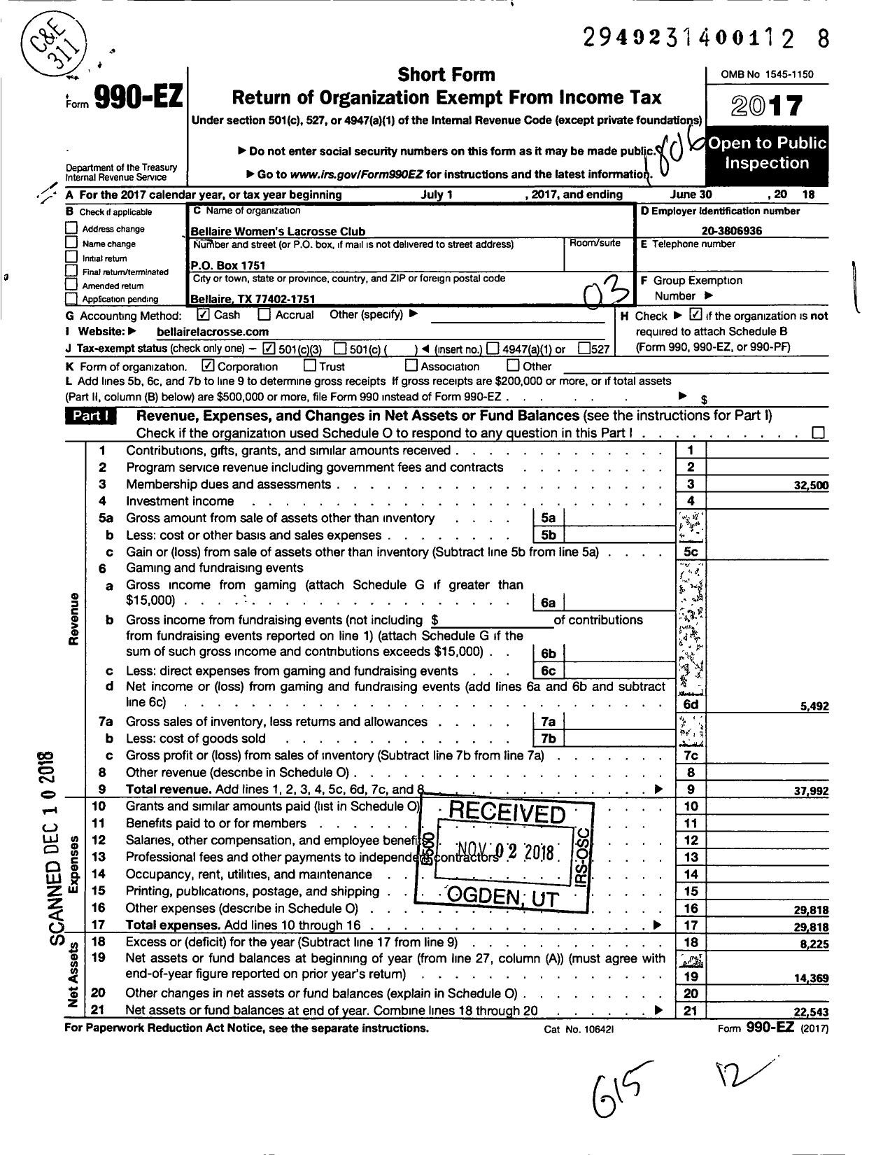 Image of first page of 2017 Form 990EZ for Bellaire Womens Lacrosse Club