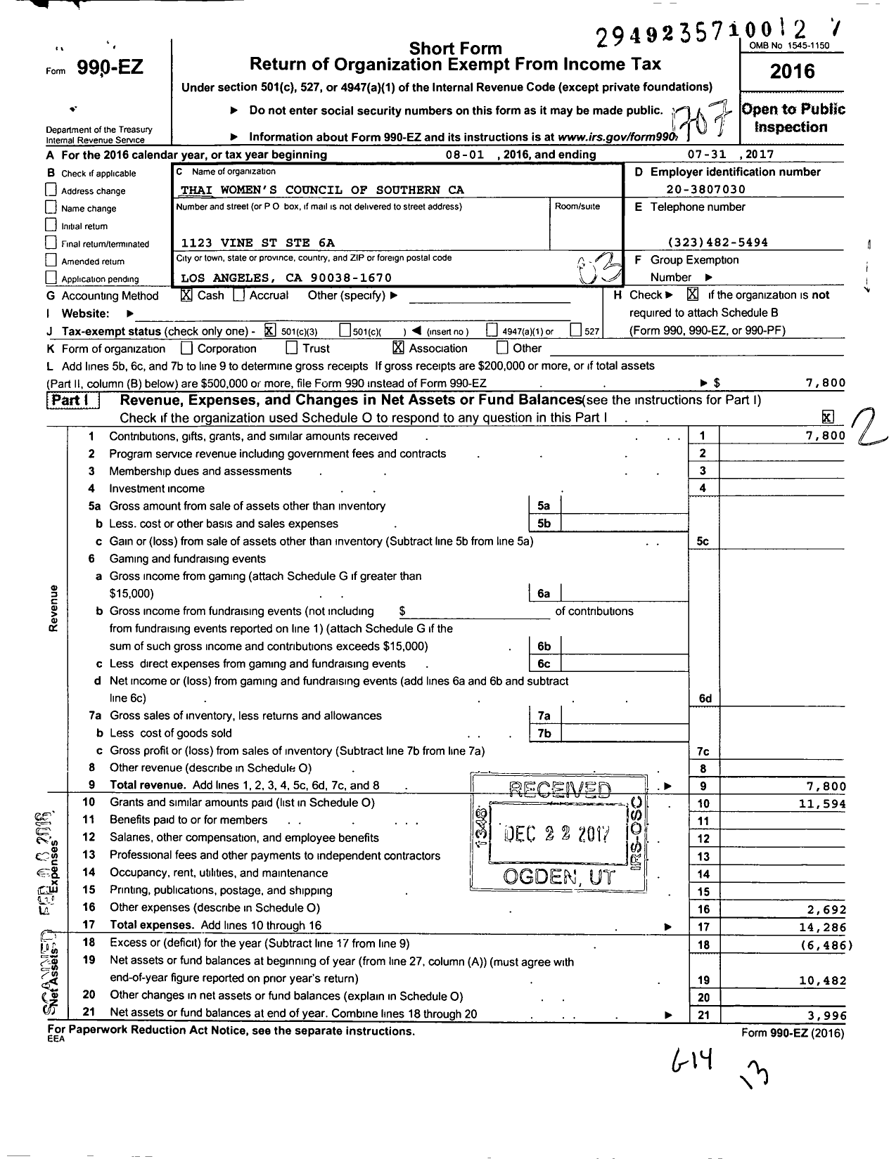 Image of first page of 2016 Form 990EZ for Thai Womens Council of Southern Ca