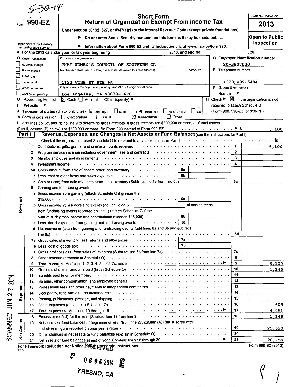 Image of first page of 2013 Form 990EZ for Thai Womens Council of Southern Ca