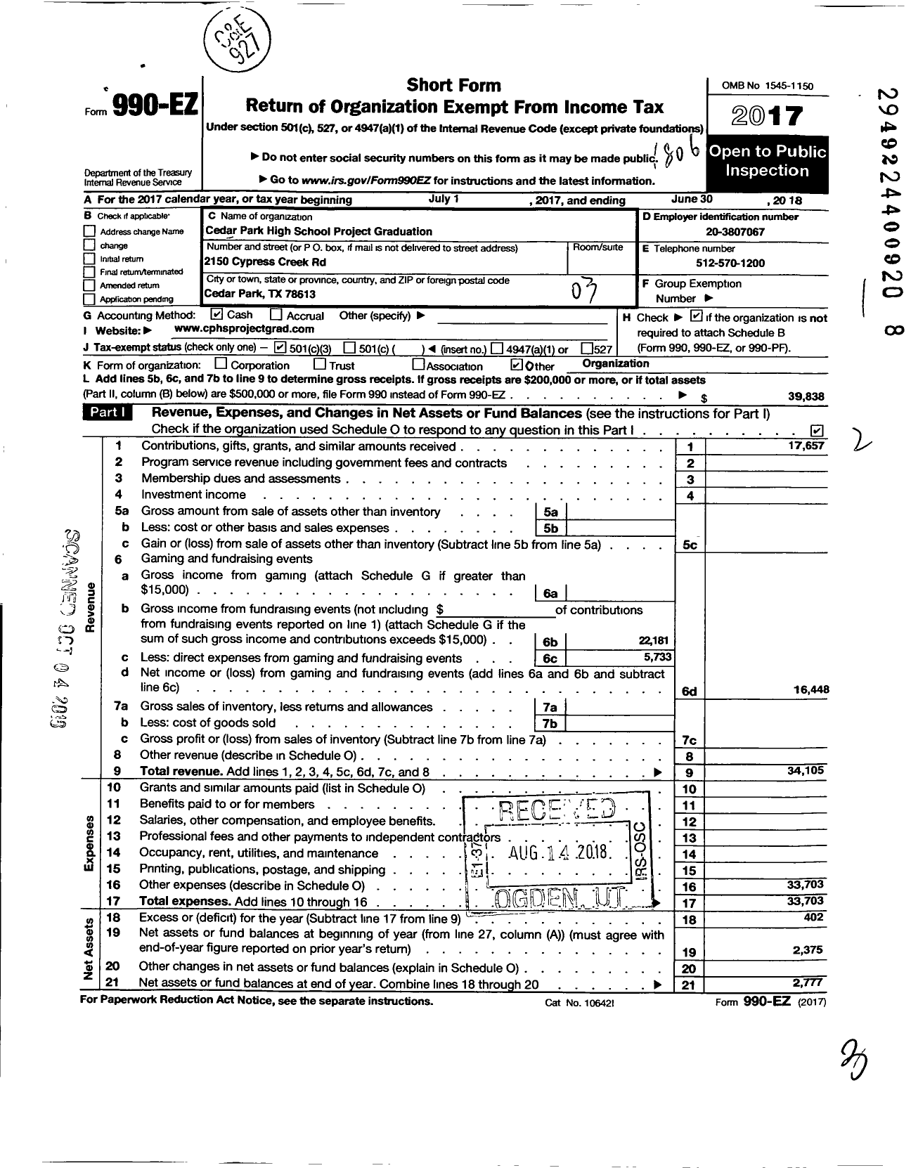 Image of first page of 2017 Form 990EZ for Cedar Park High School Project Graduation