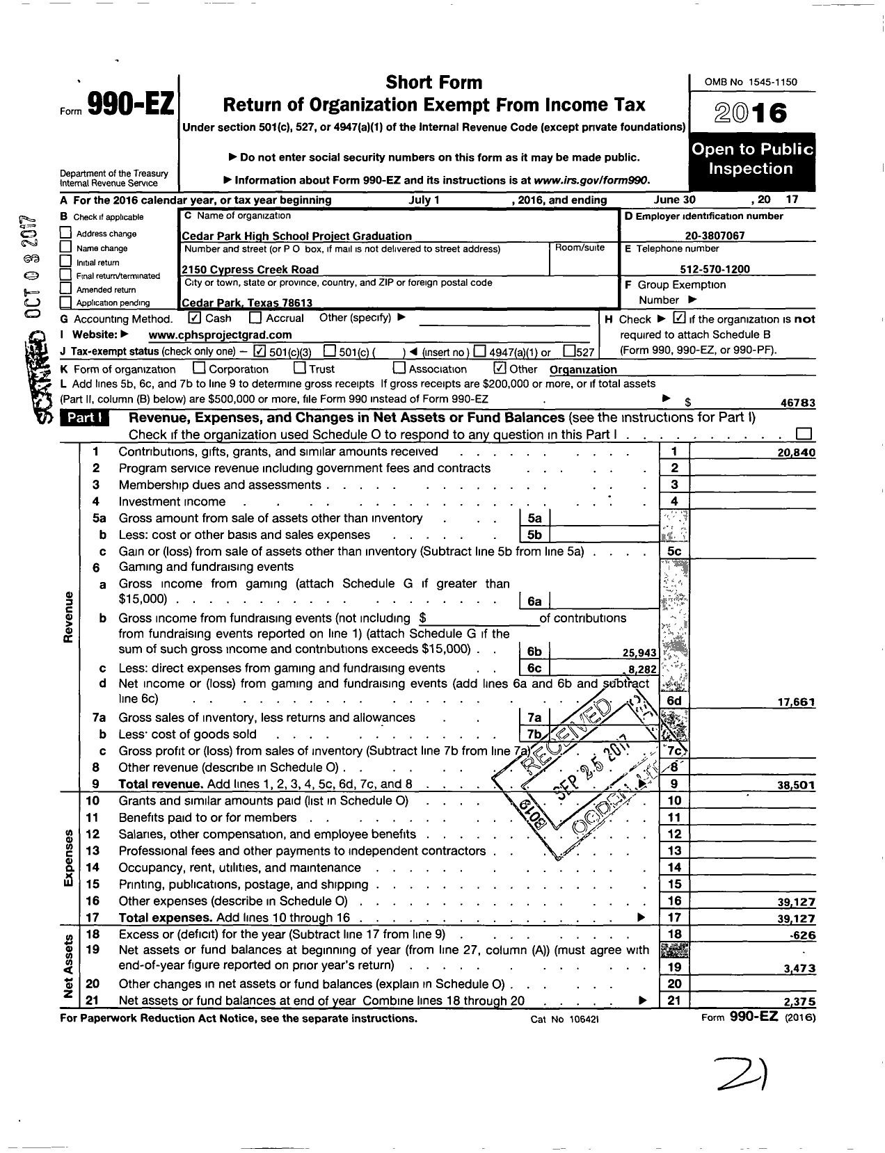 Image of first page of 2016 Form 990EZ for Cedar Park High School Project Graduation