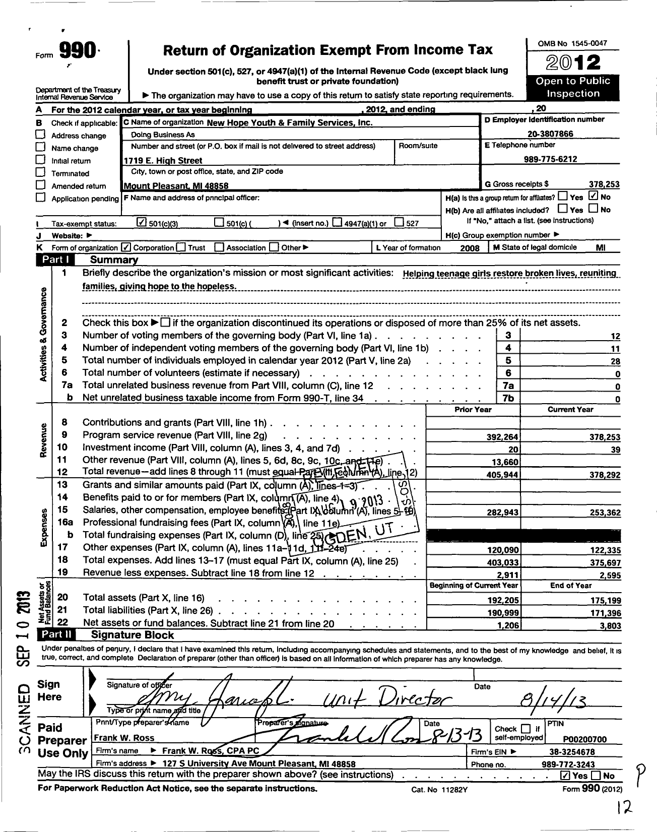 Image of first page of 2012 Form 990 for New Hope Youth and Family Services