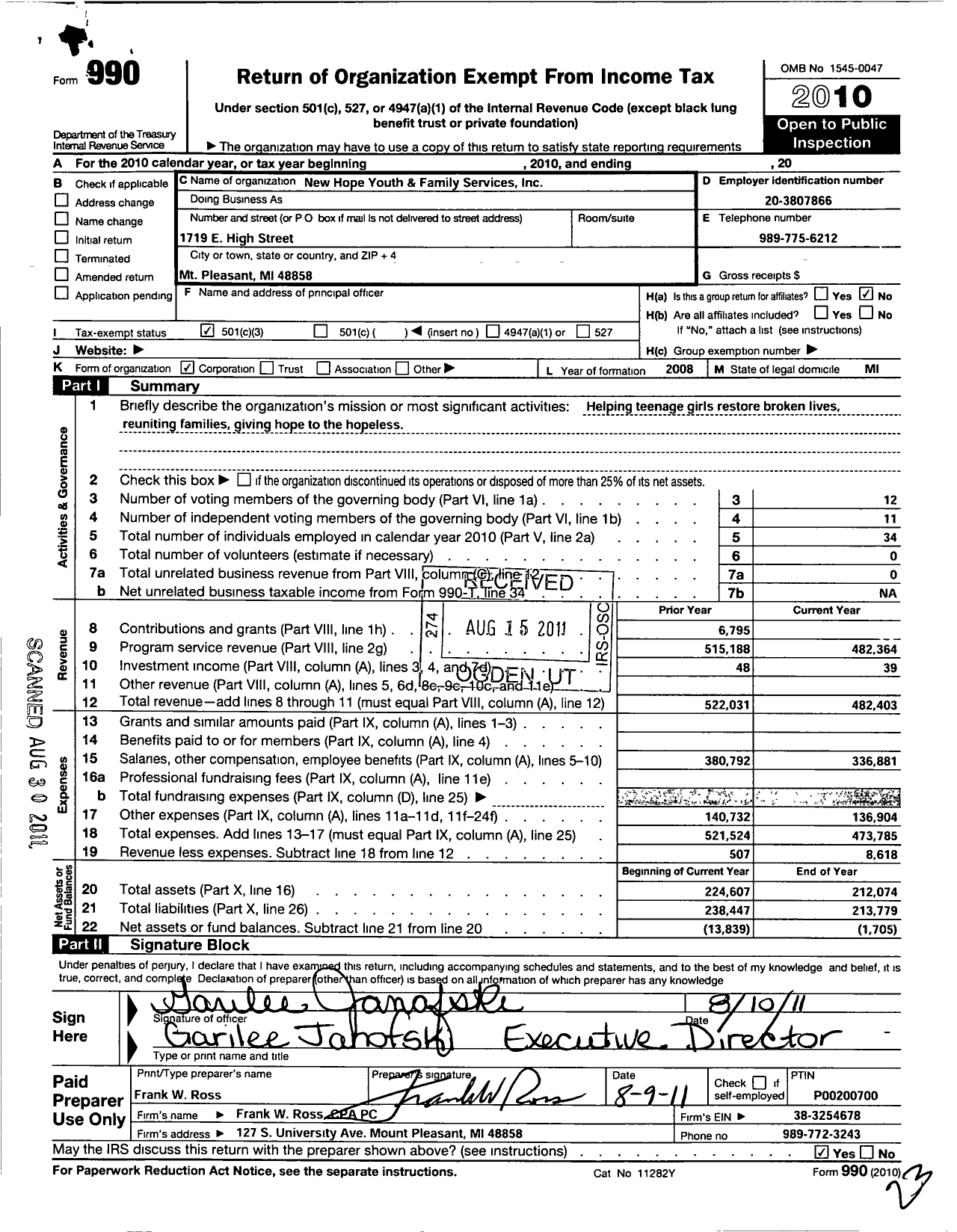 Image of first page of 2010 Form 990 for New Hope Youth and Family Services