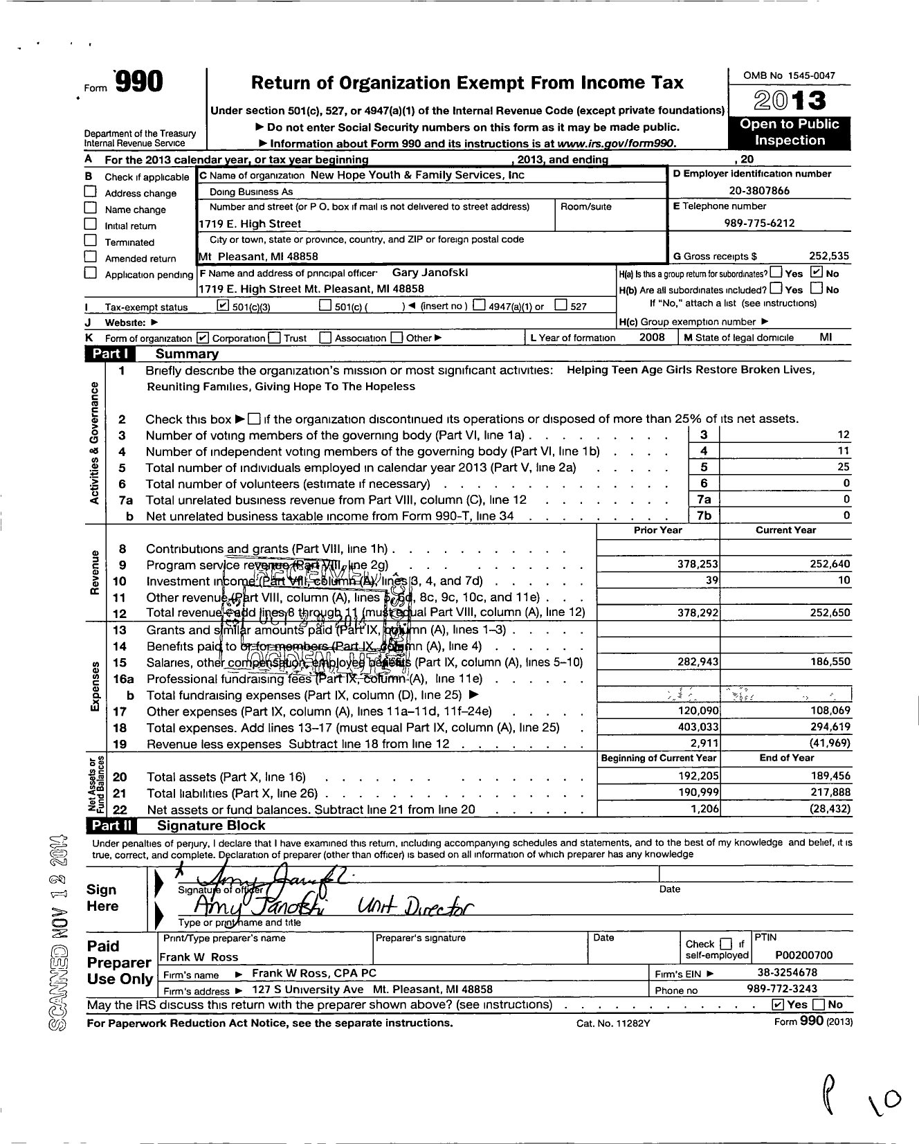 Image of first page of 2013 Form 990 for New Hope Youth and Family Services