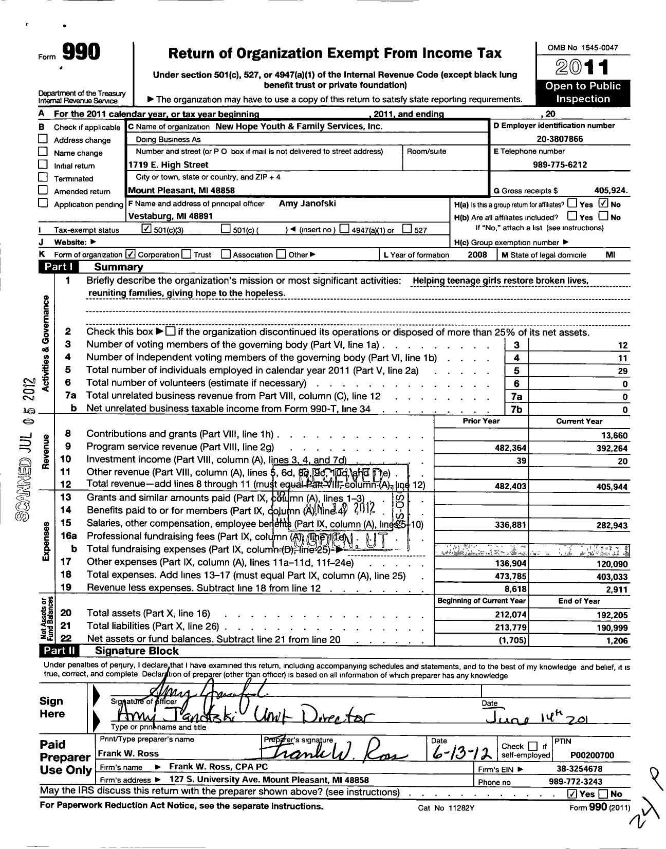 Image of first page of 2011 Form 990 for New Hope Youth and Family Services