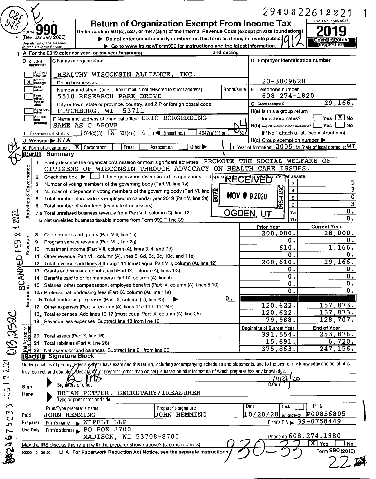 Image of first page of 2019 Form 990O for Healthy Wisconsin Alliance