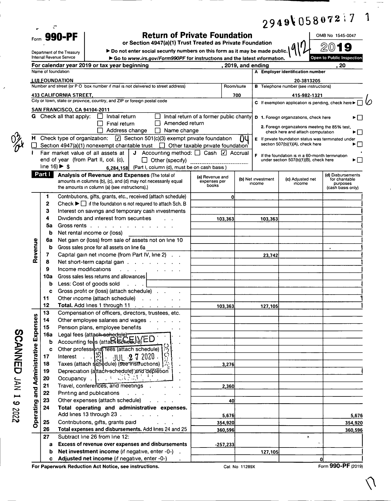 Image of first page of 2019 Form 990PF for Lui Foundation