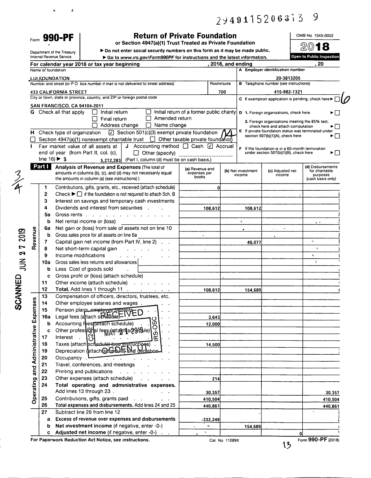 Image of first page of 2018 Form 990PF for Lui Foundation