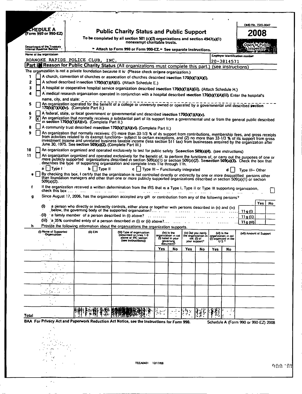 Image of first page of 2008 Form 990ER for Roanoke Rapids Police Club