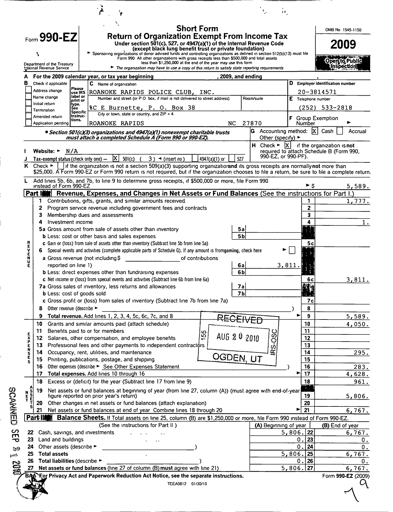 Image of first page of 2009 Form 990EZ for Roanoke Rapids Police Club