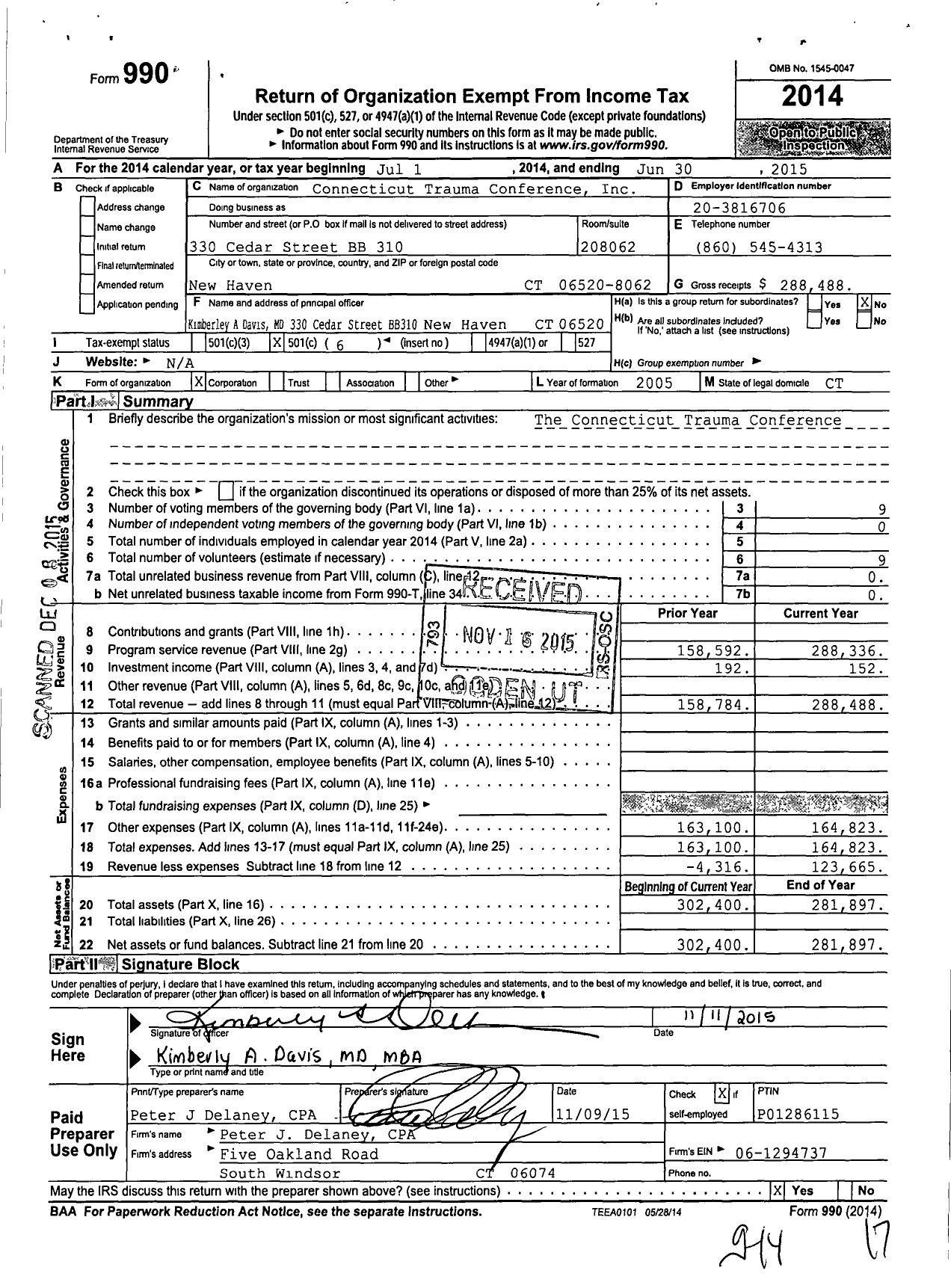 Image of first page of 2014 Form 990O for Connecticut Trauma Conference