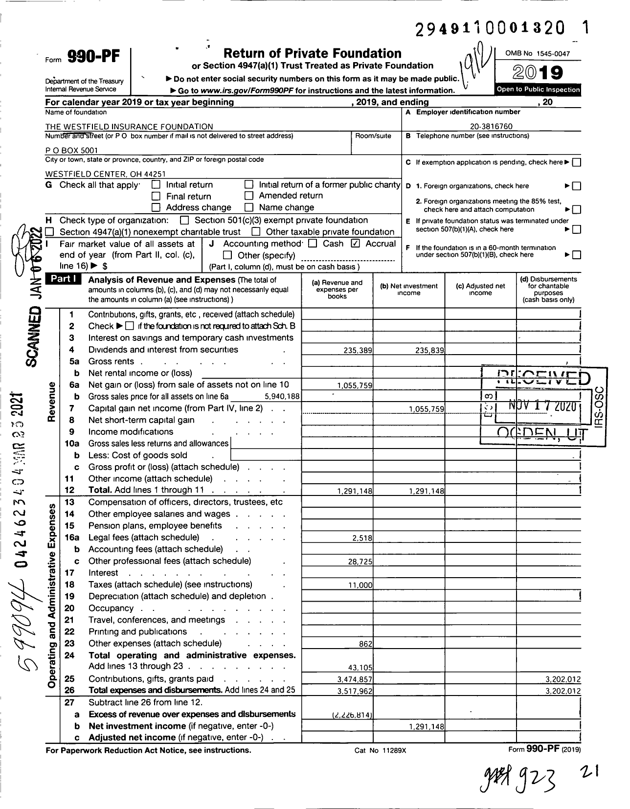Image of first page of 2019 Form 990PF for The Westfield Insurance Foundation