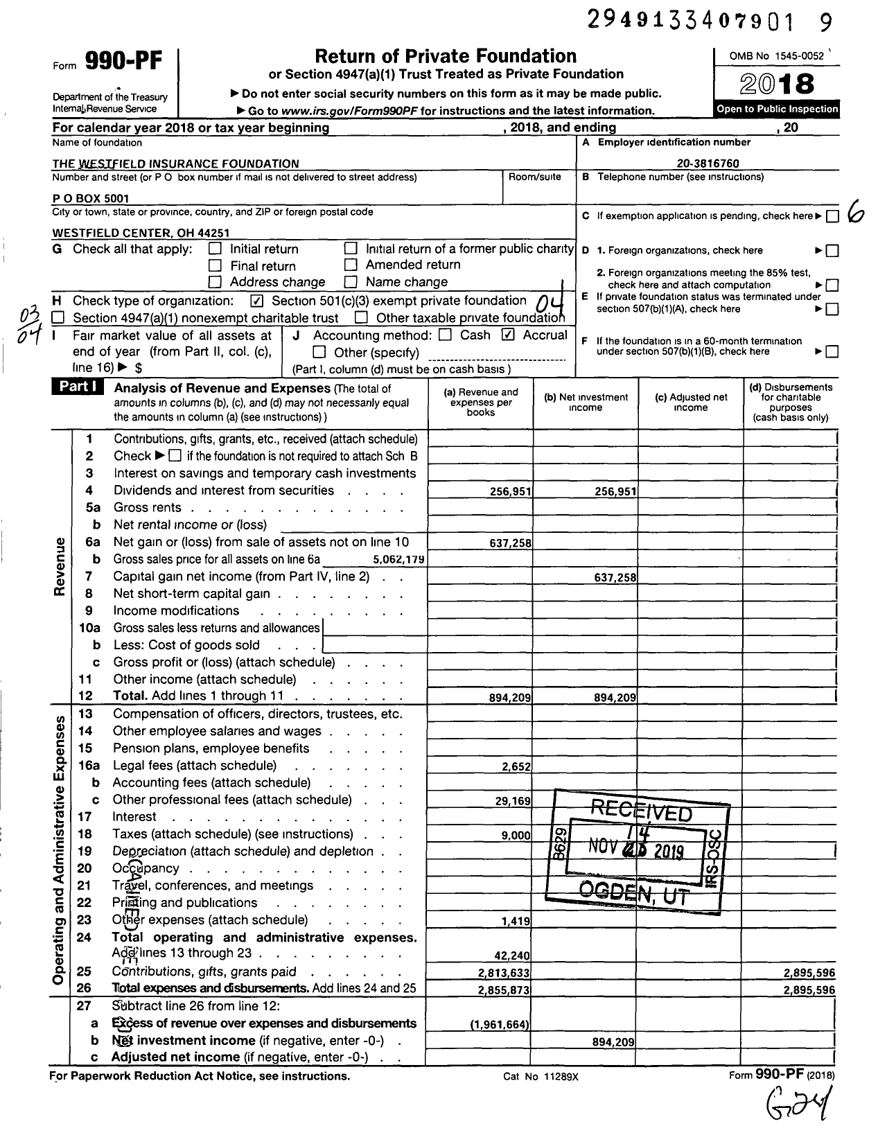 Image of first page of 2018 Form 990PF for The Westfield Insurance Foundation