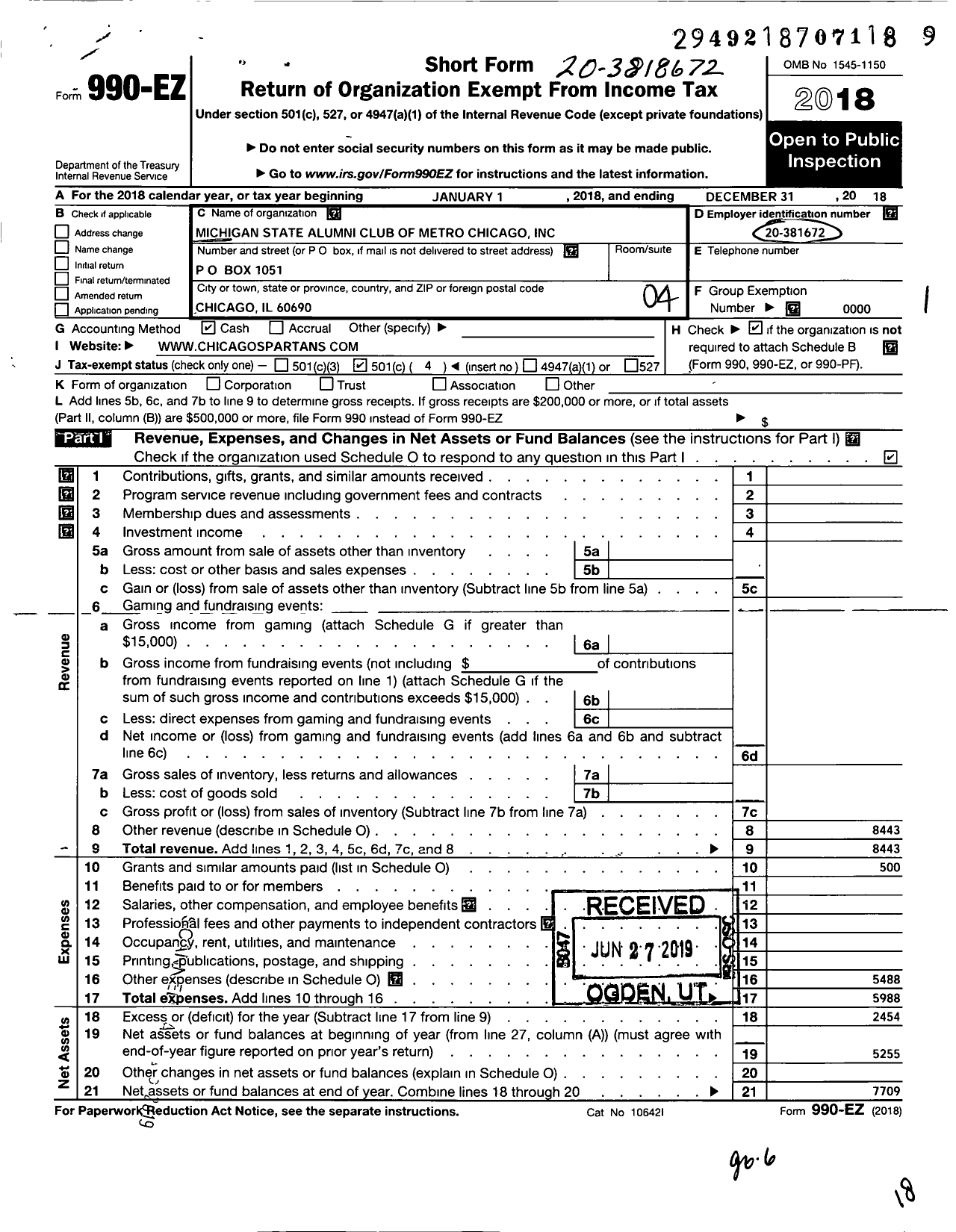 Image of first page of 2018 Form 990EO for Michigan State Alumni Club of Metro Chicago