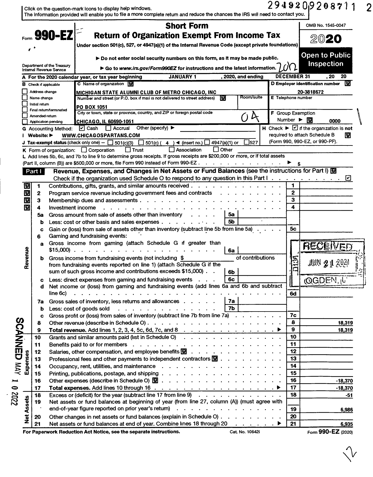 Image of first page of 2020 Form 990EO for Michigan State Alumni Club of Metro Chicago