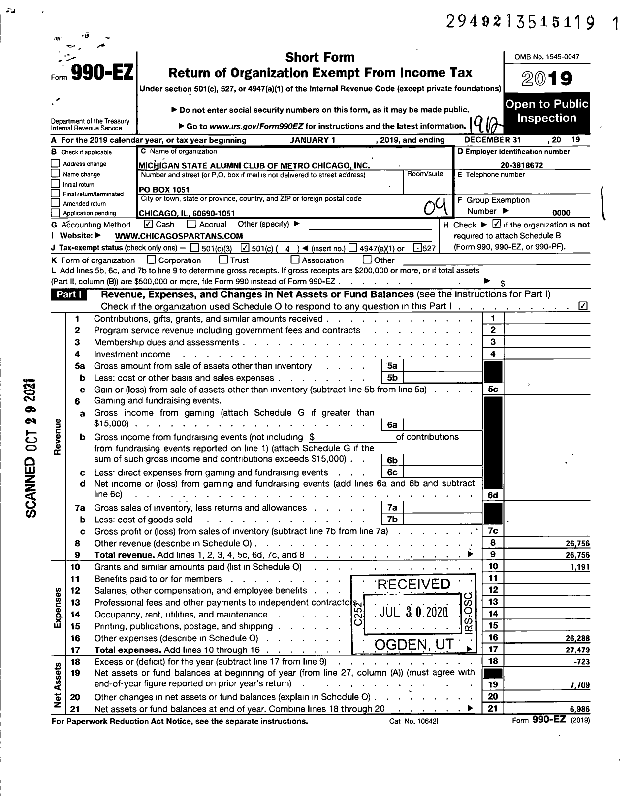 Image of first page of 2019 Form 990EO for Michigan State Alumni Club of Metro Chicago