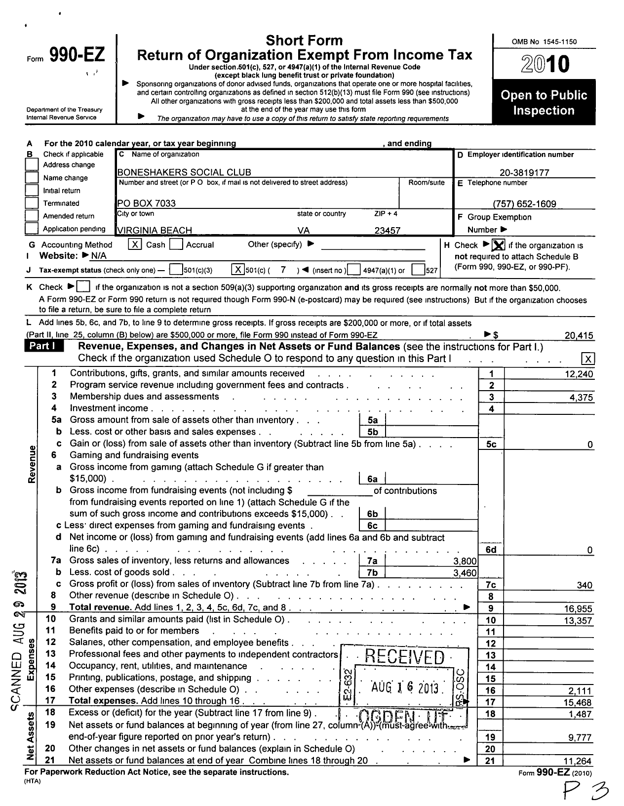 Image of first page of 2010 Form 990EO for Boneshakers Social Club