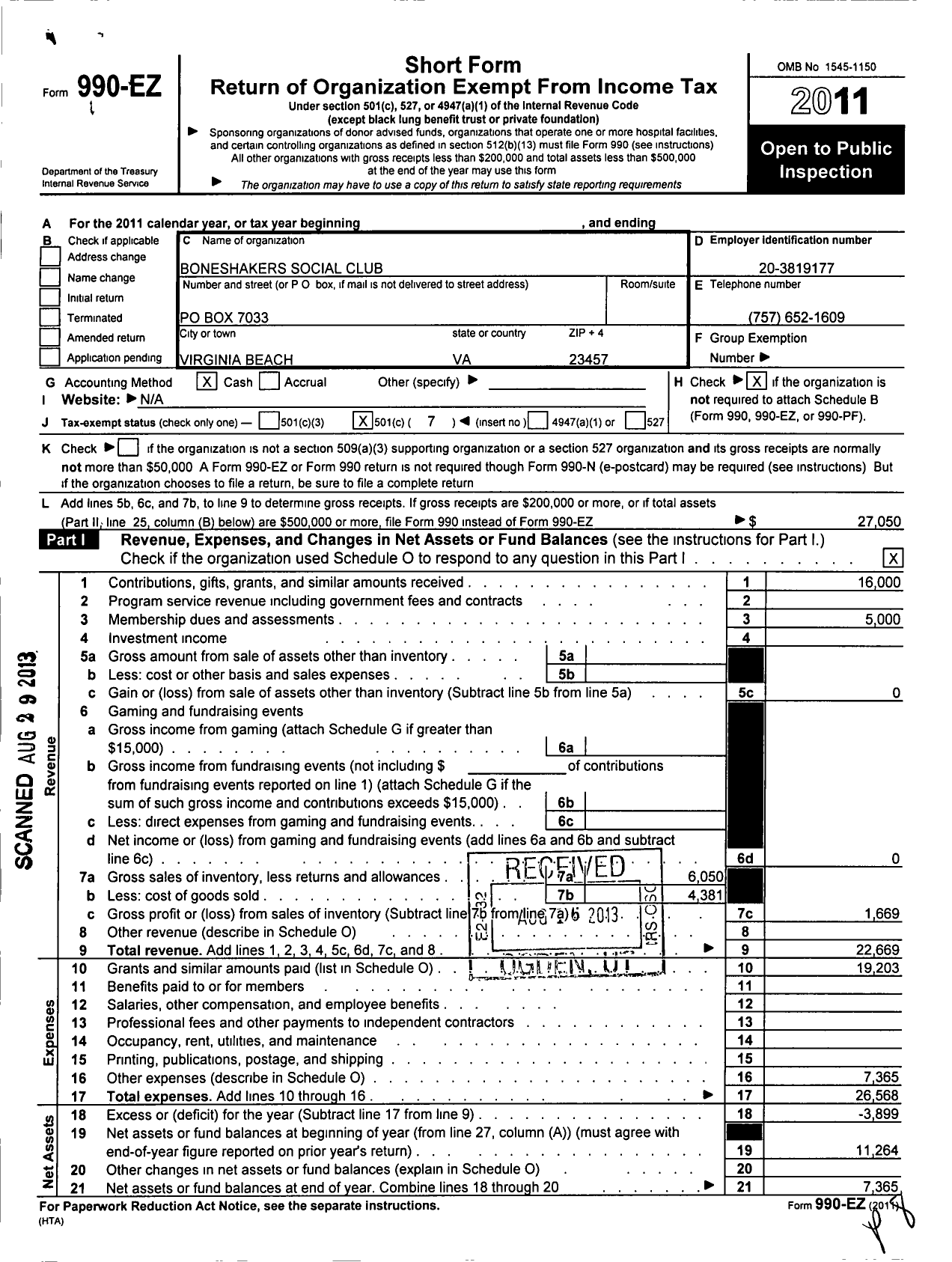 Image of first page of 2011 Form 990EO for Boneshakers Social Club