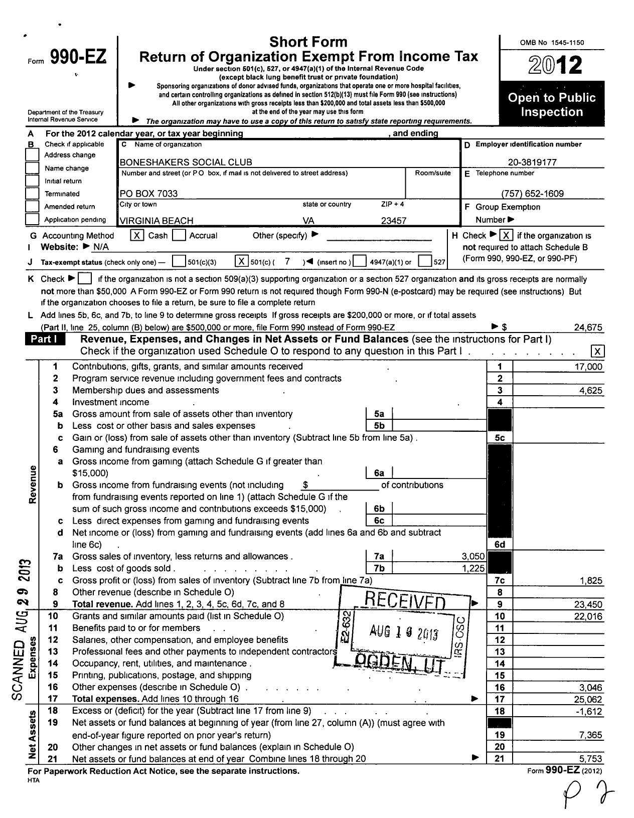 Image of first page of 2012 Form 990EO for Boneshakers Social Club