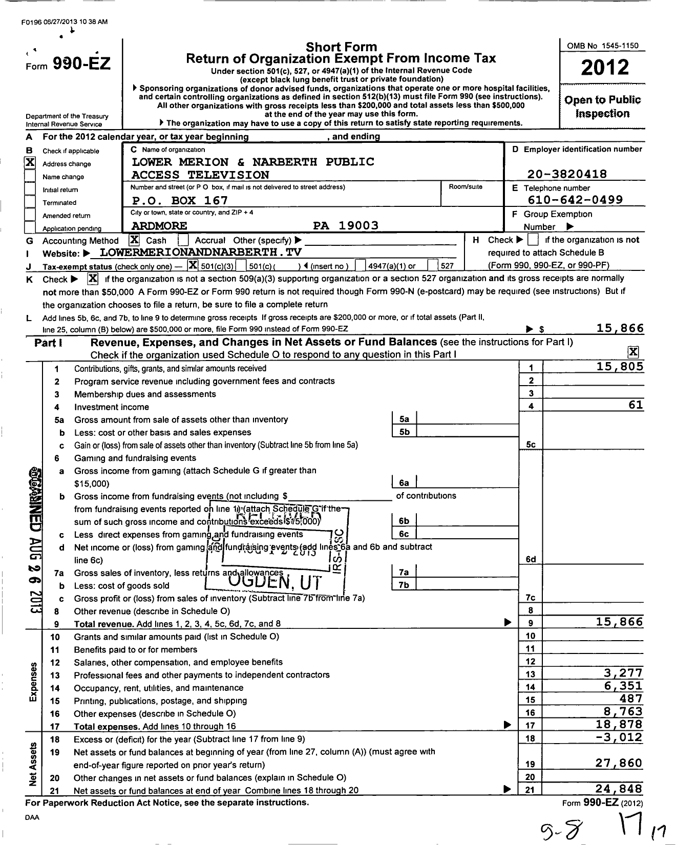 Image of first page of 2012 Form 990EZ for Lower Merion and Narberth Public Access Television