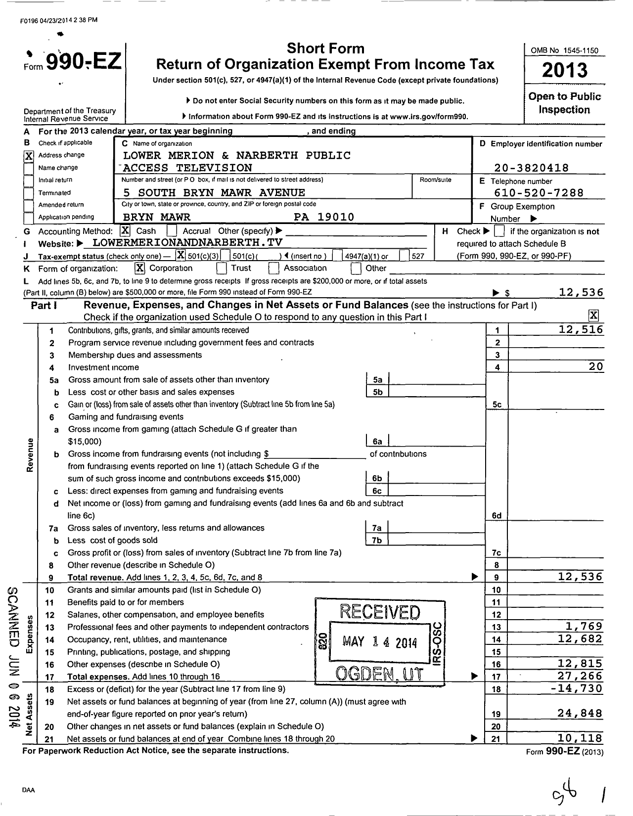 Image of first page of 2013 Form 990EZ for Lower Merion and Narberth Public Access Television