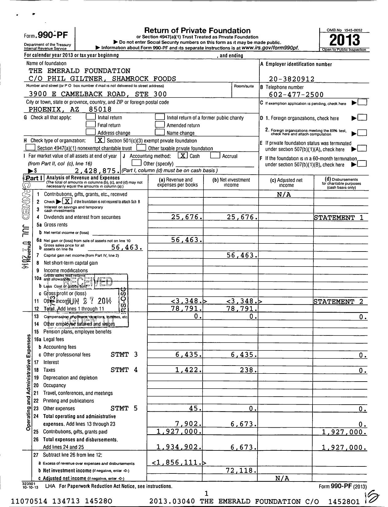 Image of first page of 2013 Form 990PF for Emerald Foundation