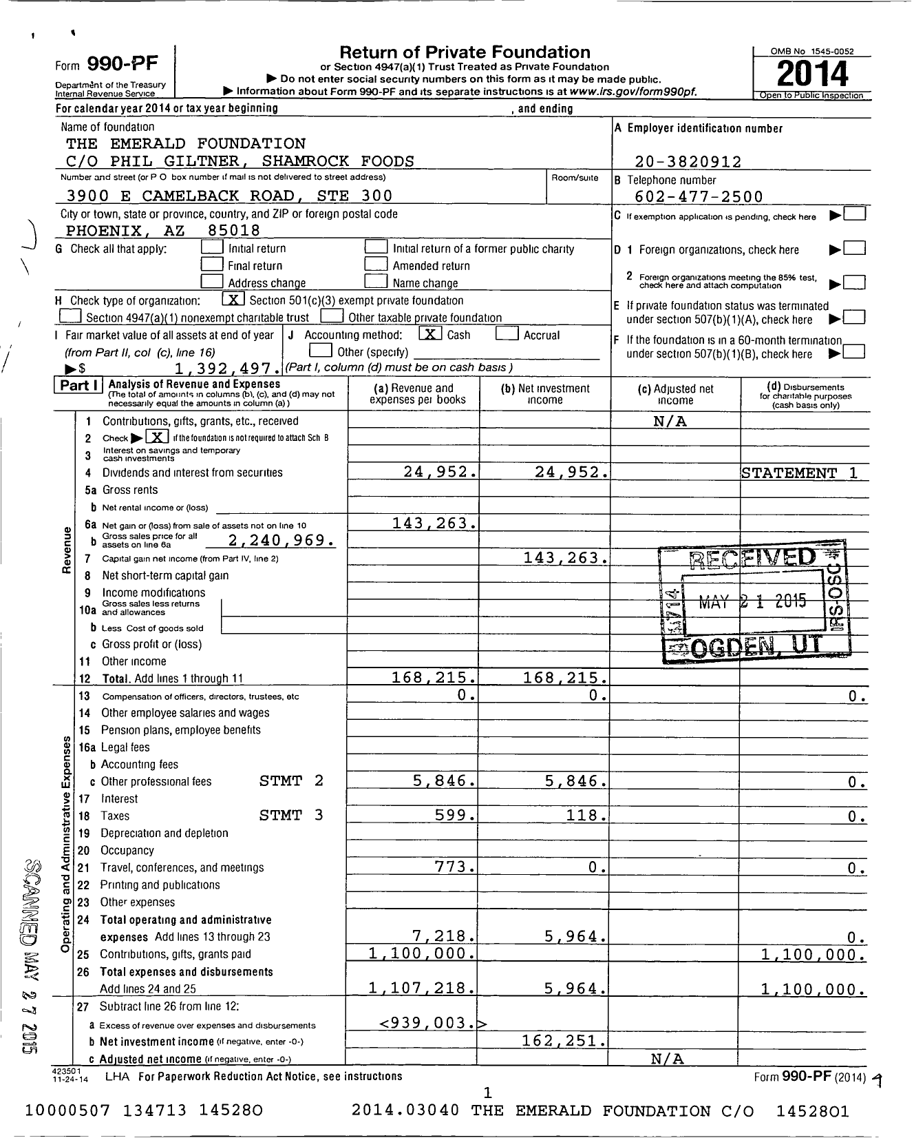 Image of first page of 2014 Form 990PF for Emerald Foundation