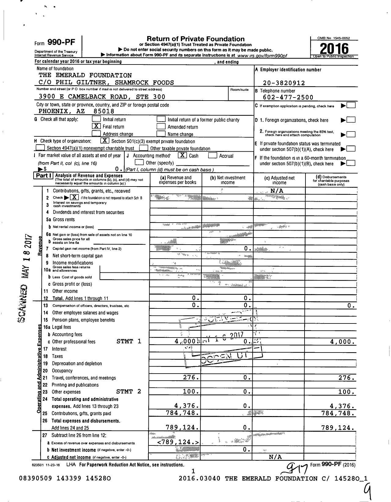 Image of first page of 2016 Form 990PF for Emerald Foundation