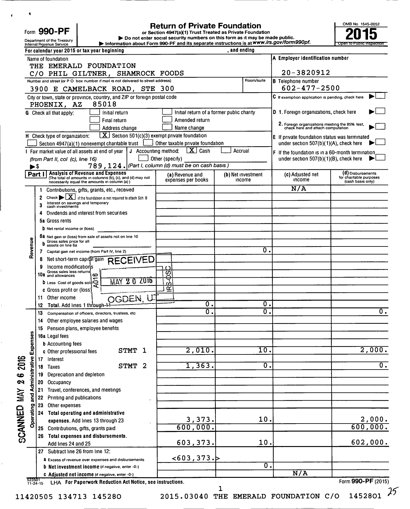 Image of first page of 2015 Form 990PF for Emerald Foundation