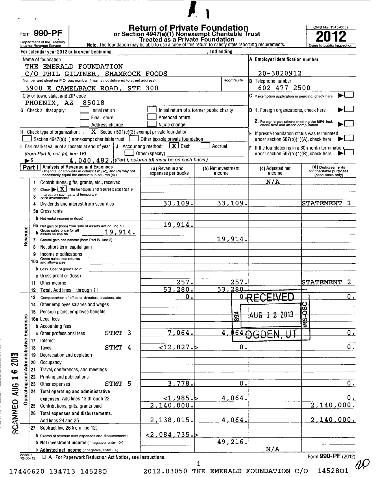 Image of first page of 2012 Form 990PF for Emerald Foundation