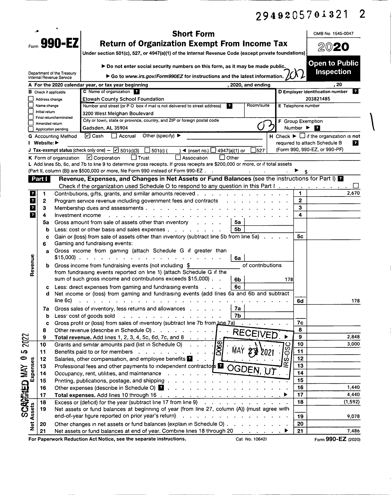 Image of first page of 2020 Form 990EZ for Etowah County School Foundation