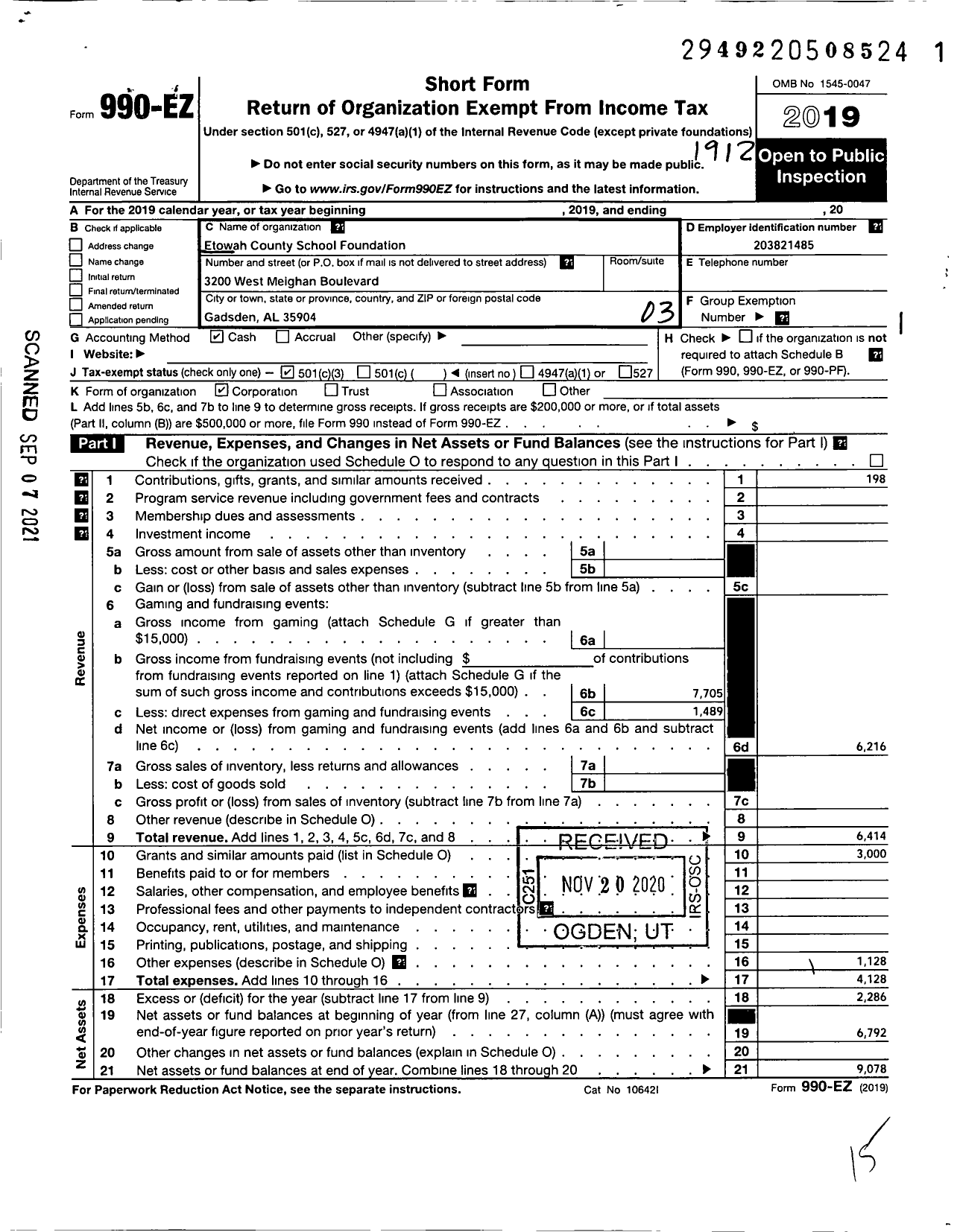 Image of first page of 2019 Form 990EZ for Etowah County School Foundation