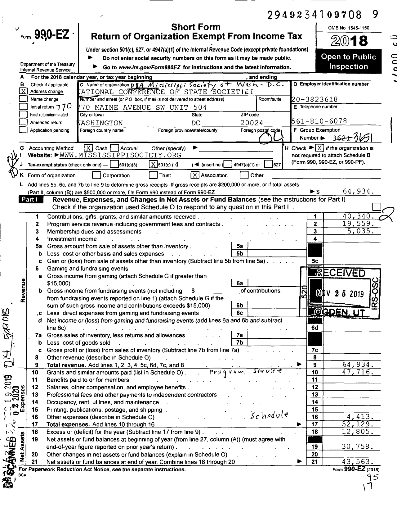 Image of first page of 2018 Form 990EO for Mississippi Society of Washington