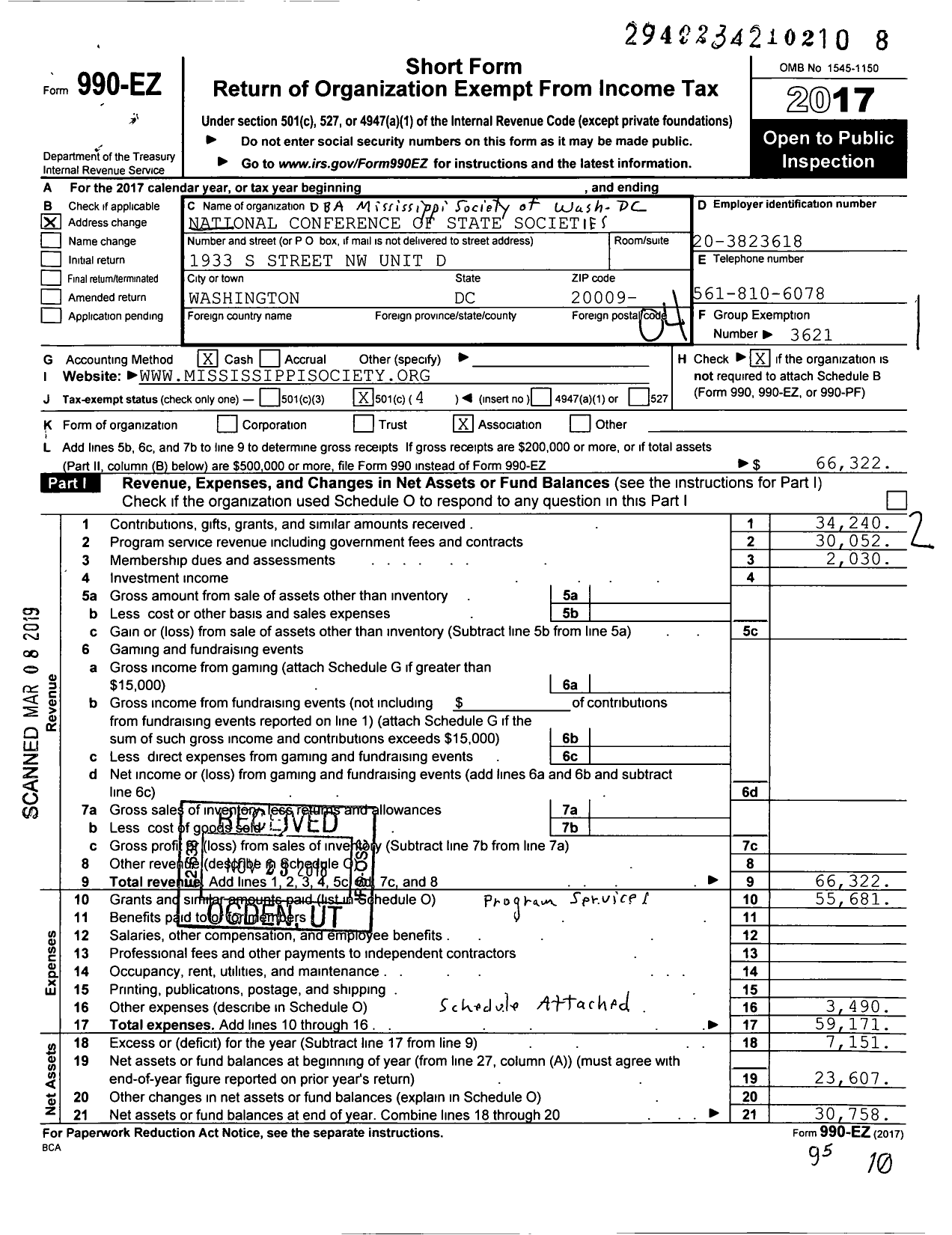 Image of first page of 2017 Form 990EO for Mississippi Society of Washington