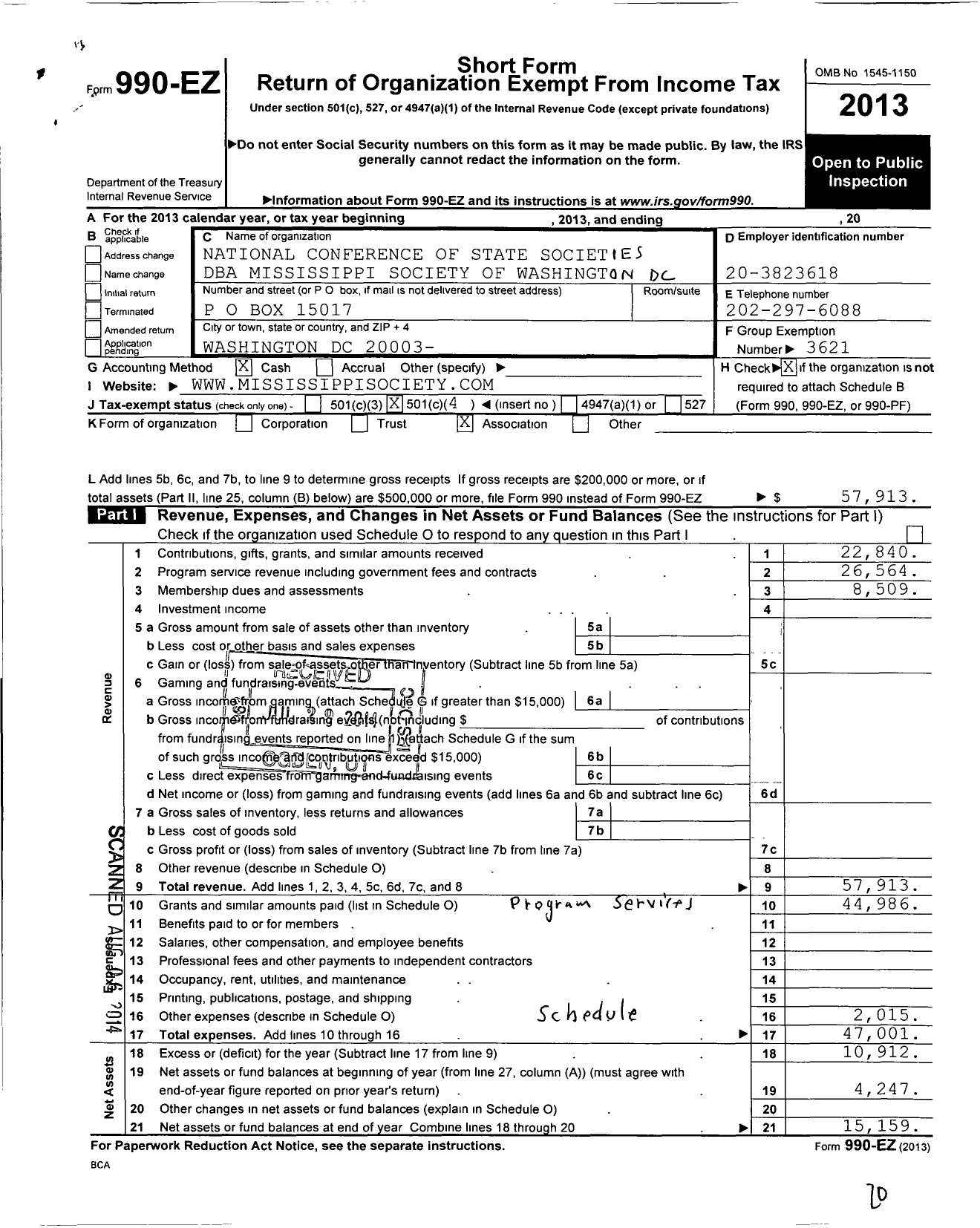 Image of first page of 2013 Form 990EO for Mississippi Society of Washington