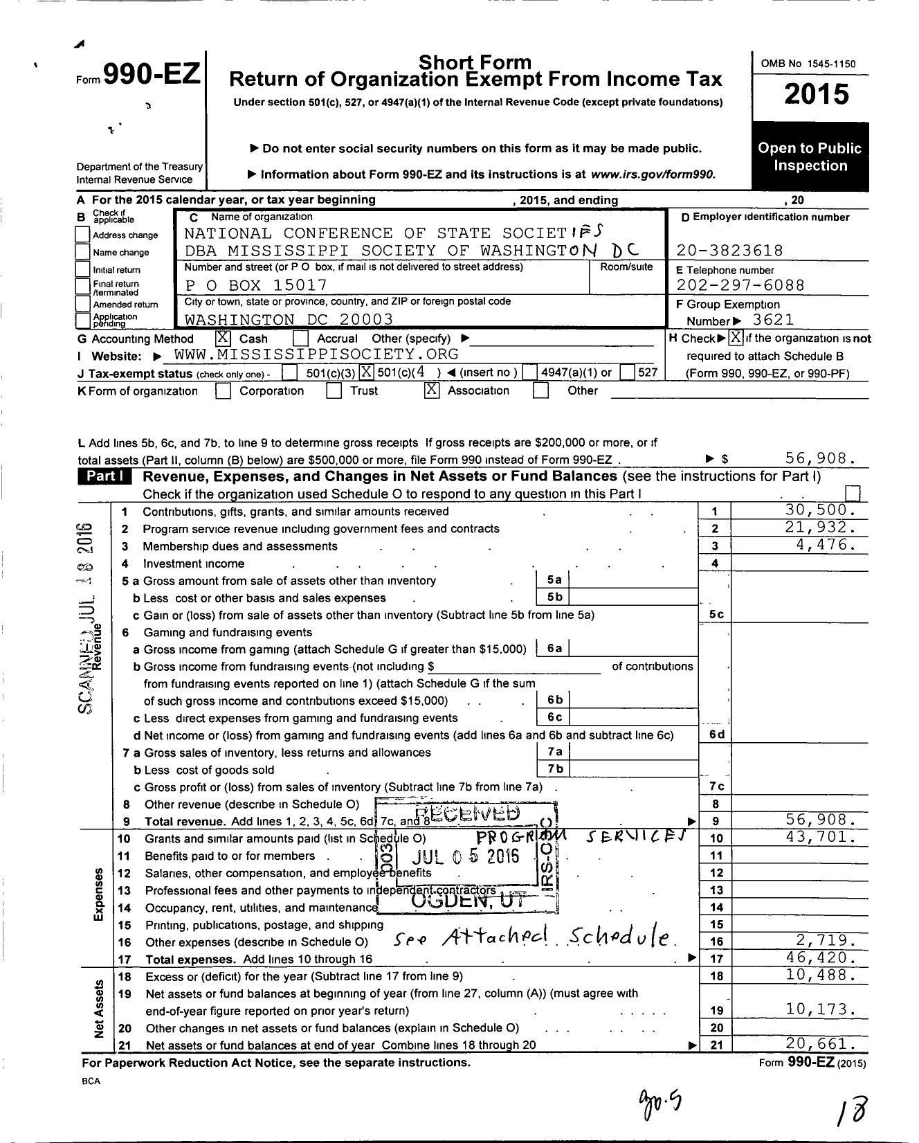 Image of first page of 2015 Form 990EO for Mississippi Society of Washington