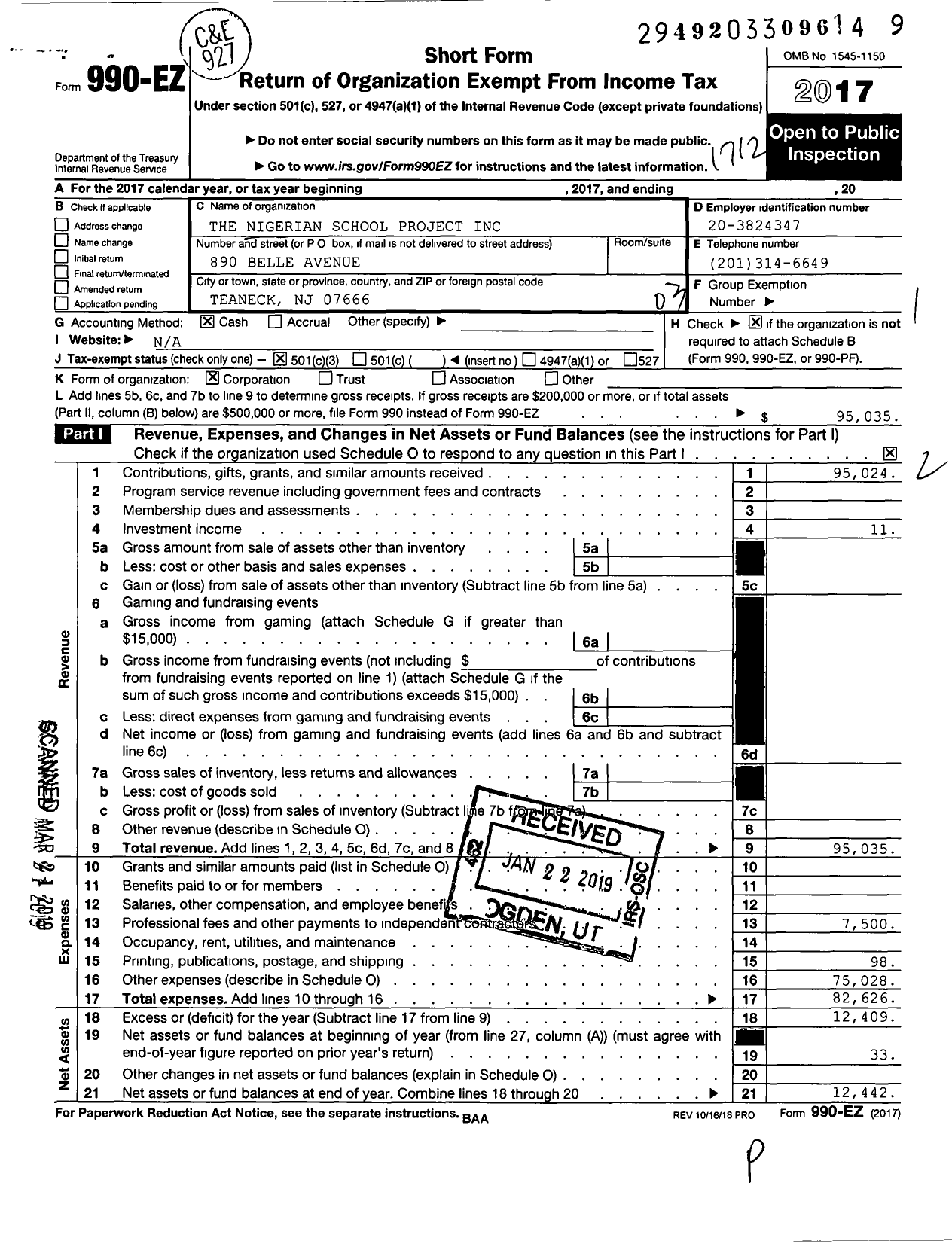 Image of first page of 2017 Form 990EZ for The Nigerian School Project