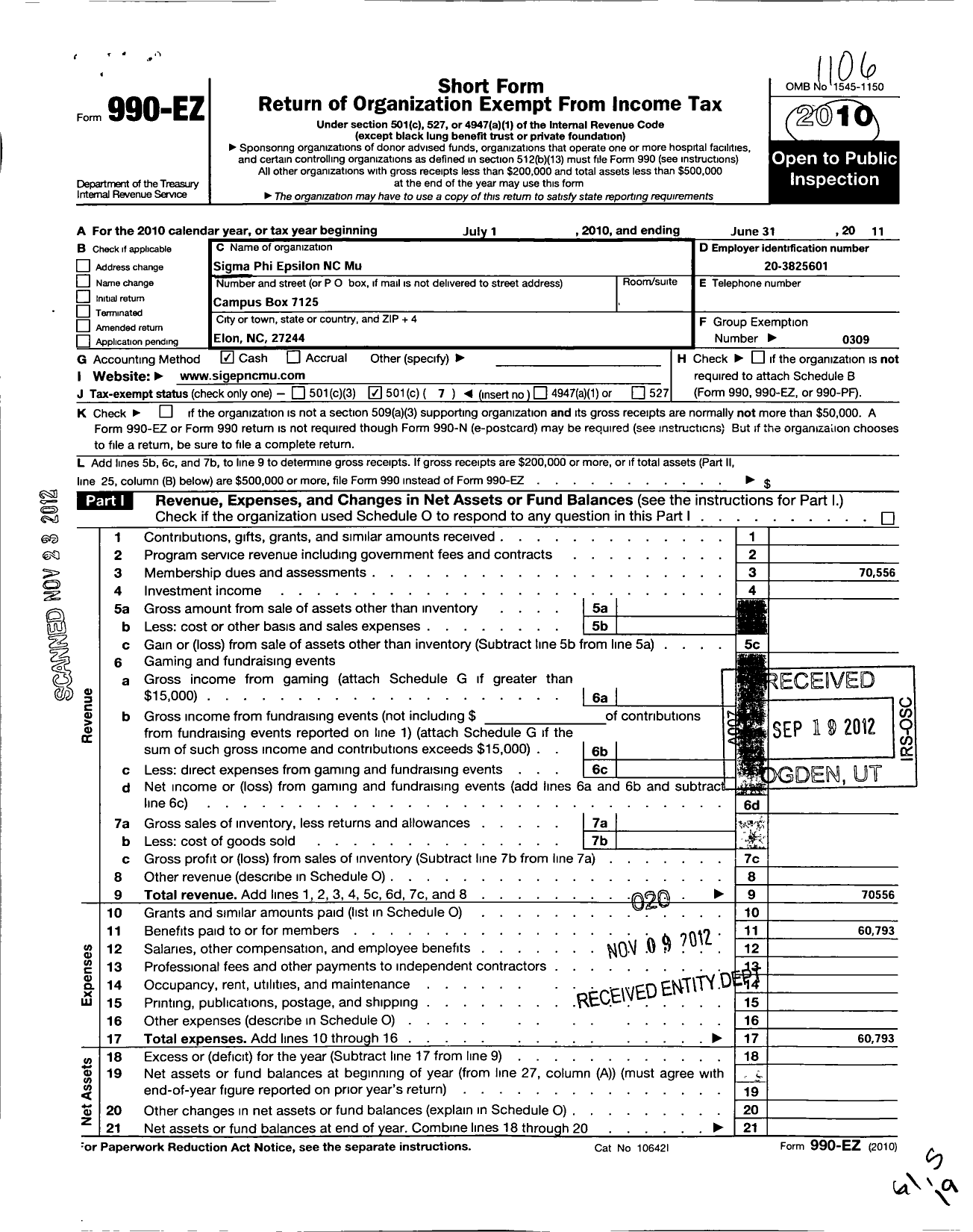 Image of first page of 2010 Form 990EO for Sigma Phi Epsilon - NC Mu