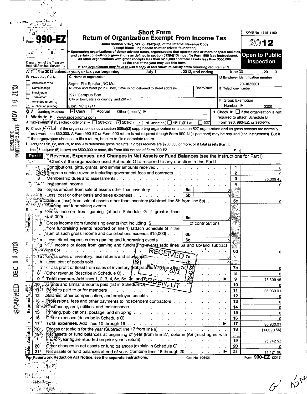 Image of first page of 2012 Form 990EO for Sigma Phi Epsilon - NC Mu