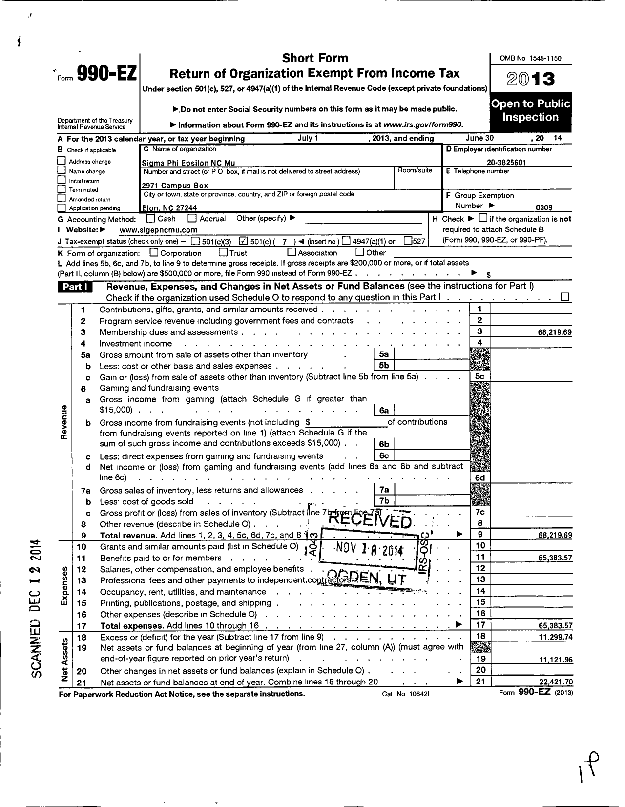 Image of first page of 2013 Form 990EO for Sigma Phi Epsilon - NC Mu