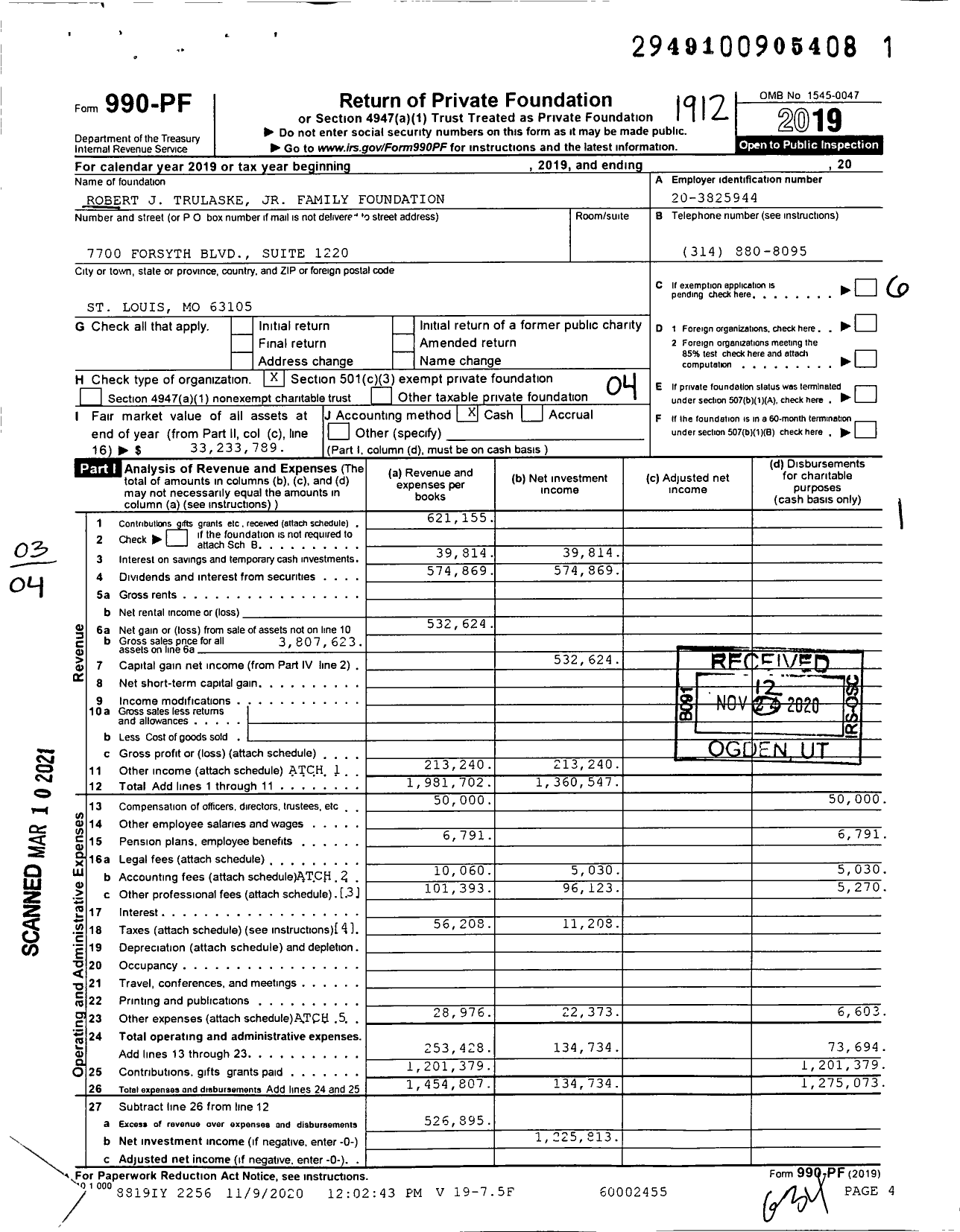 Image of first page of 2019 Form 990PF for Robert J Trulaske Jr Family Foundation