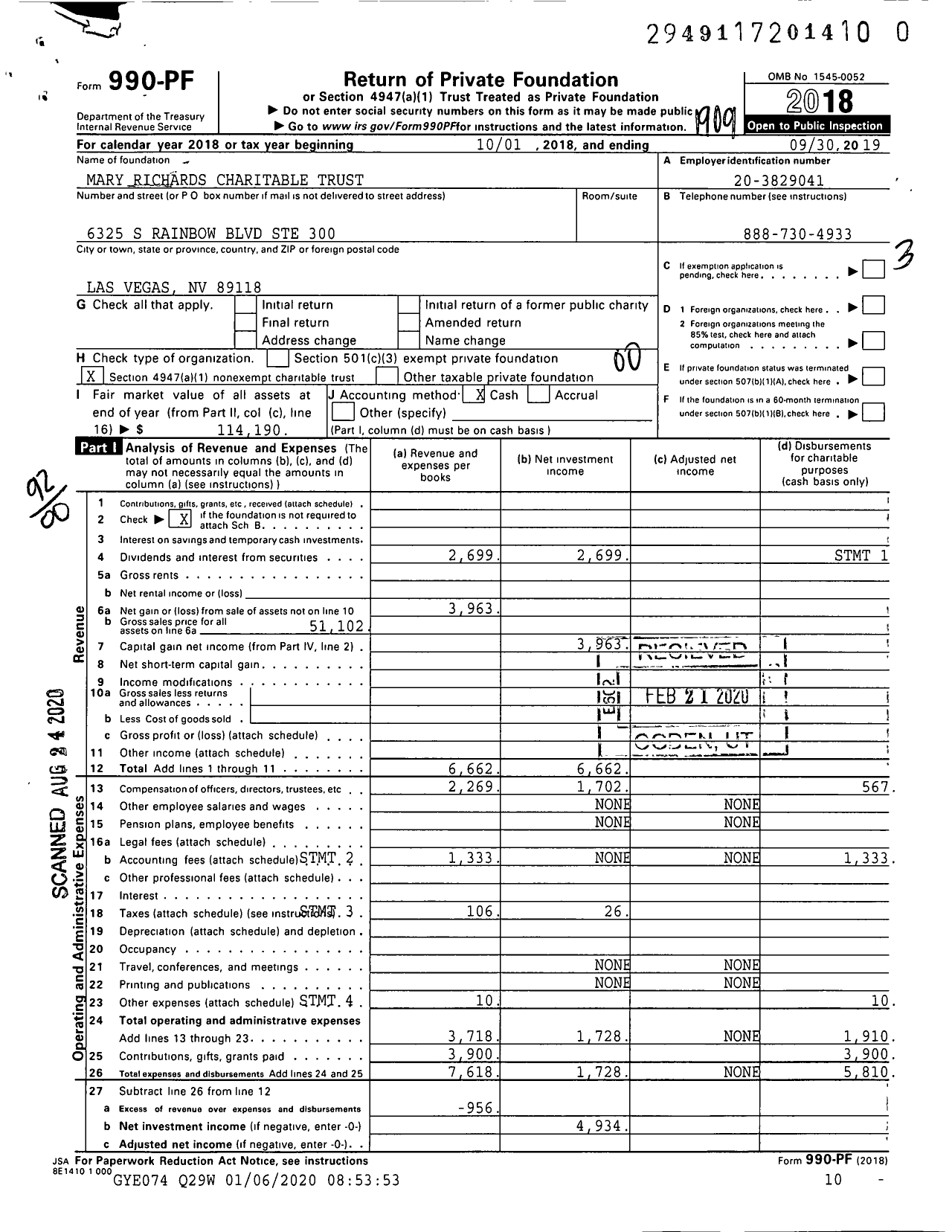 Image of first page of 2018 Form 990PR for Richards Mary B Charitable Trust