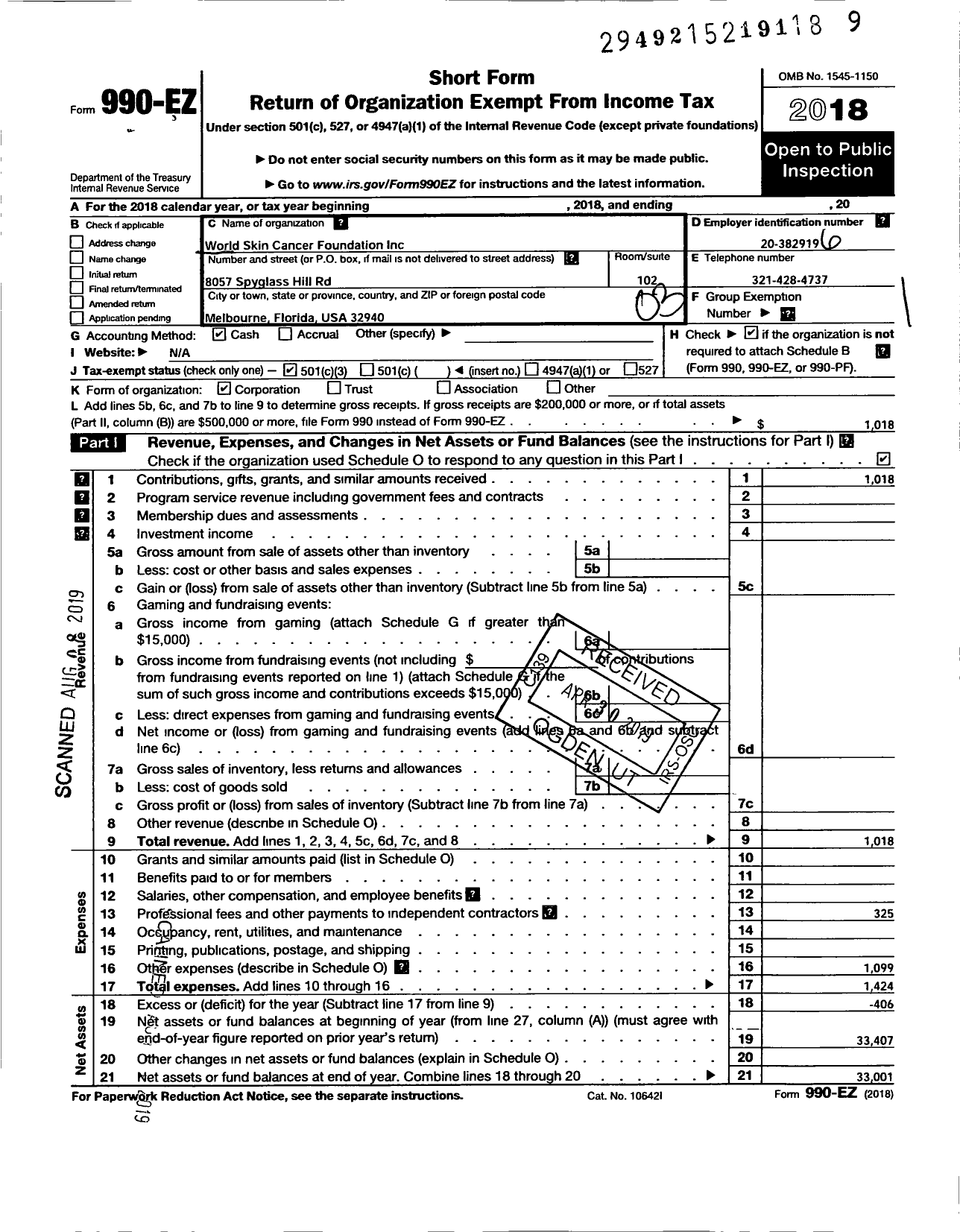 Image of first page of 2018 Form 990EZ for World Skin Cancer Foundation