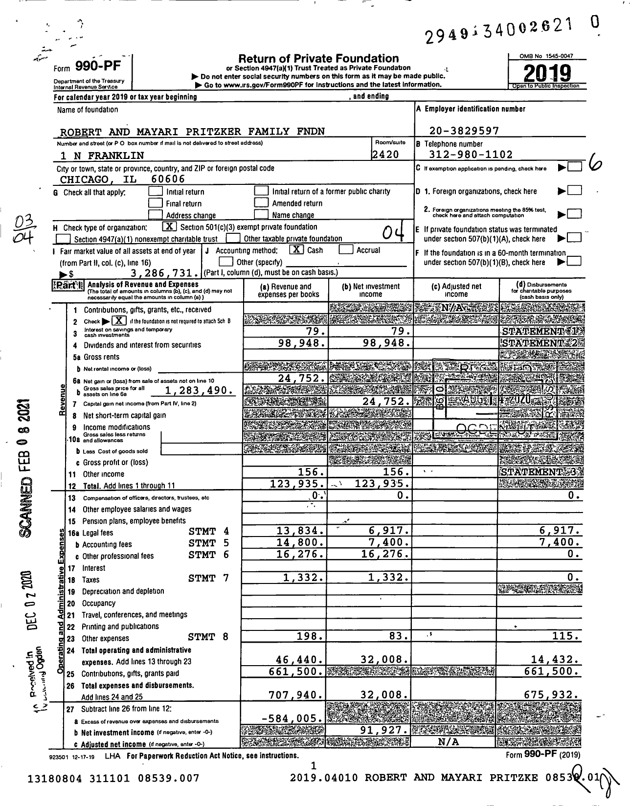 Image of first page of 2019 Form 990PF for Robert and Mayari Pritzker Family FNDN