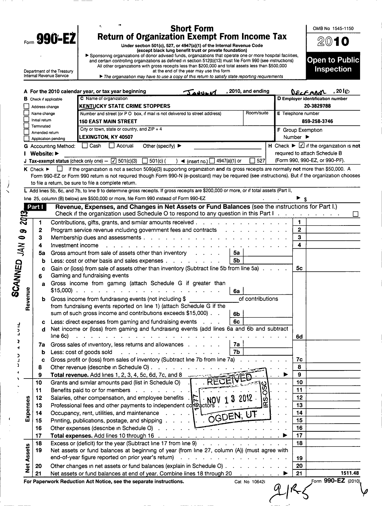 Image of first page of 2010 Form 990EZ for Kentucky Crime Stoppers Association