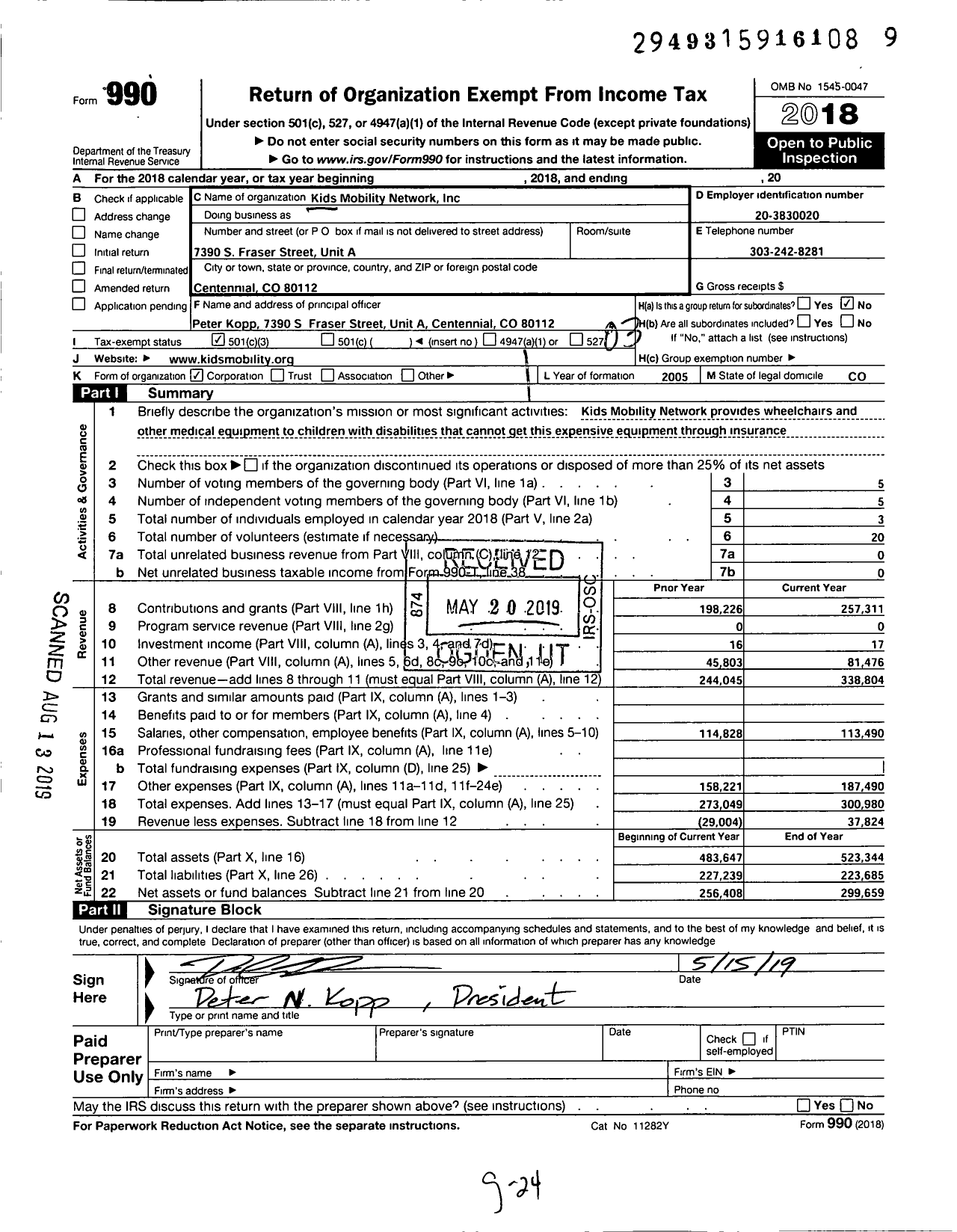 Image of first page of 2018 Form 990 for Kids Mobility Network